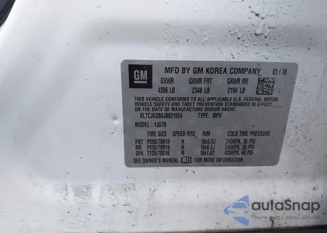 2018 Chevrolet Trax Ls z USA, uszkodzony, nr VIN KL7CJKSB6JB621654